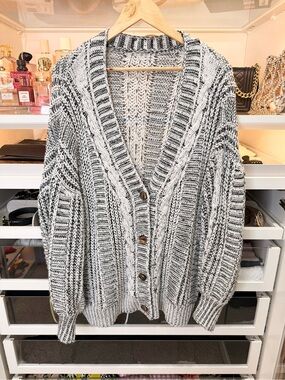 Cozy Black & White Cable-Knit Button Cardigan Sweater
